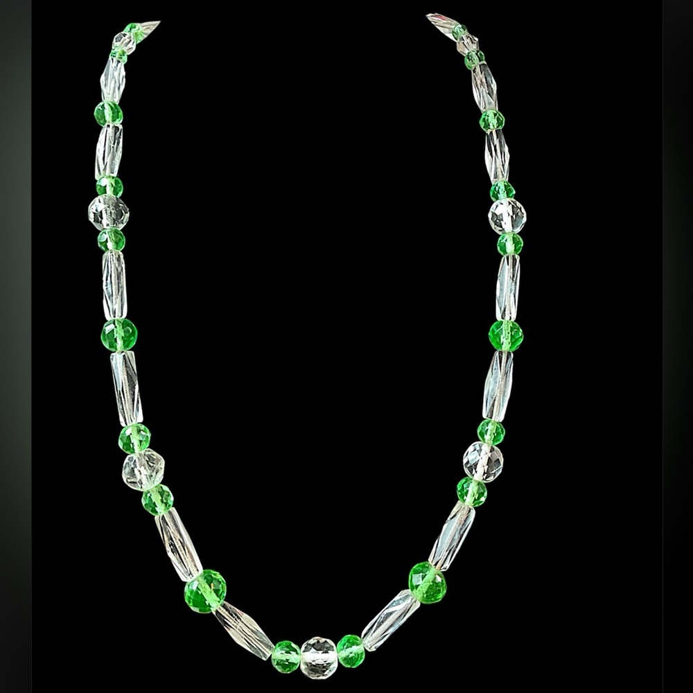 Vintage Uranium Glass and Faceted Crystal Bead Necklace 24”